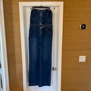 bebe Front Zip Wide Leg Denim Jumpsuit